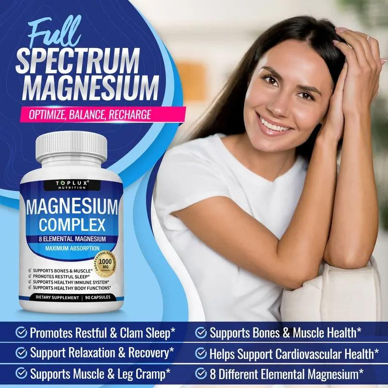Magnesium Complex | 9-In-1 High Absorption Blend W/ Glycinate, Citrate, Malate | 1000Mg Elemental, 90 Vegan Capsules