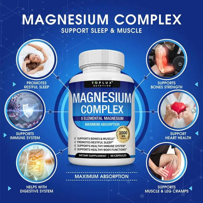 Magnesium Complex | 9-In-1 High Absorption Blend W/ Glycinate, Citrate, Malate | 1000Mg Elemental, 90 Vegan Capsules
