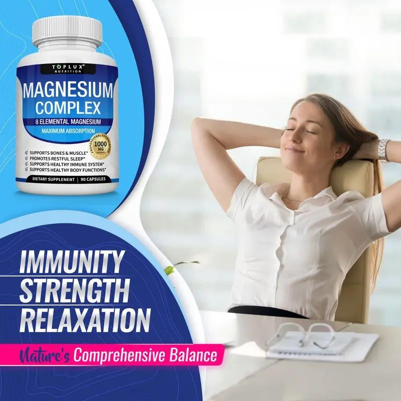 Magnesium Complex | 9-In-1 High Absorption Blend W/ Glycinate, Citrate, Malate | 1000Mg Elemental, 90 Vegan Capsules