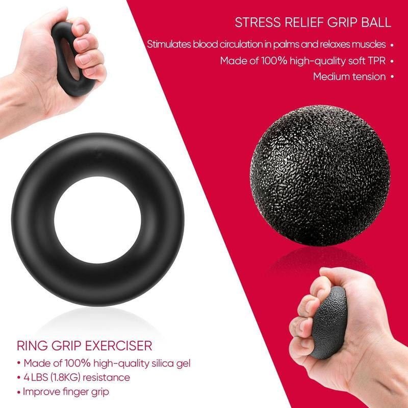 Hand Grip Strengthener Workout Kit (5 Pack) Forearm Grip Adjustable Resistance Hand Gripper, Finger Exerciser, Finger Stretcher, Grip Ring & Stress Relief Grip Ball for Athletes